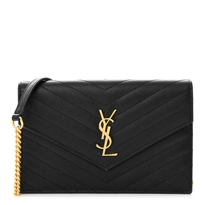 Saint Laurent Grain De Poudre Matelasse Chevron Monogram Envelope Chain Wallet Black 1 of 11