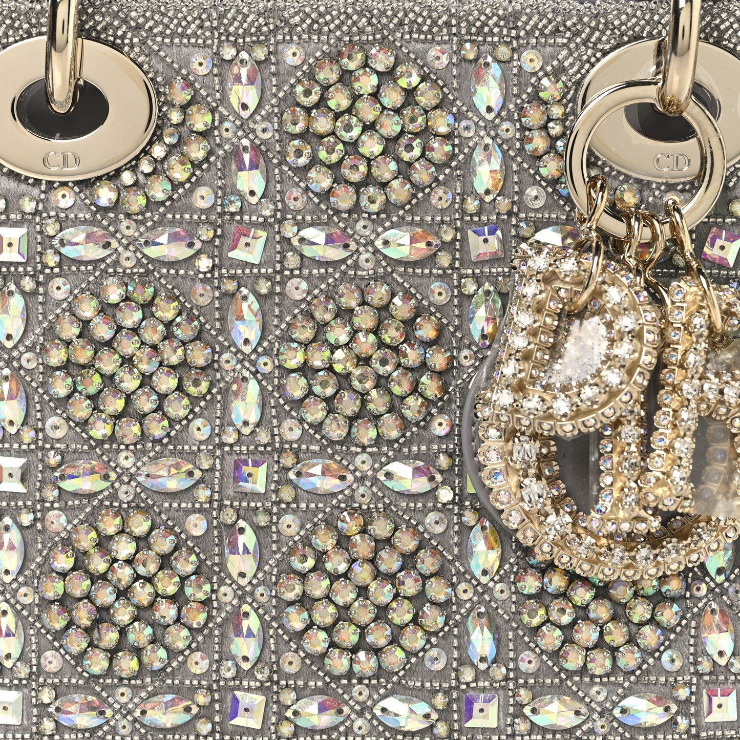 Calfskin Satin Celestial Bead Embroidery Embroidered Small Lady Dior Grey Multicolor