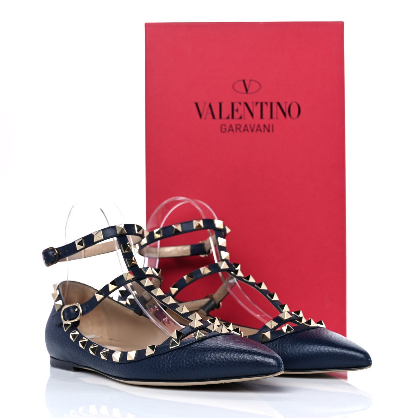 Pebbled Calfskin Rockstud Cage Ballerina Flats 39 Dark Blue