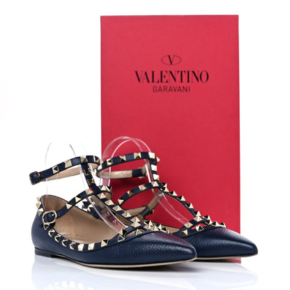Valentino Garavani Pebbled Calfskin Rockstud Cage Ballerina Flats 39 Dark Blue 8 of 8
