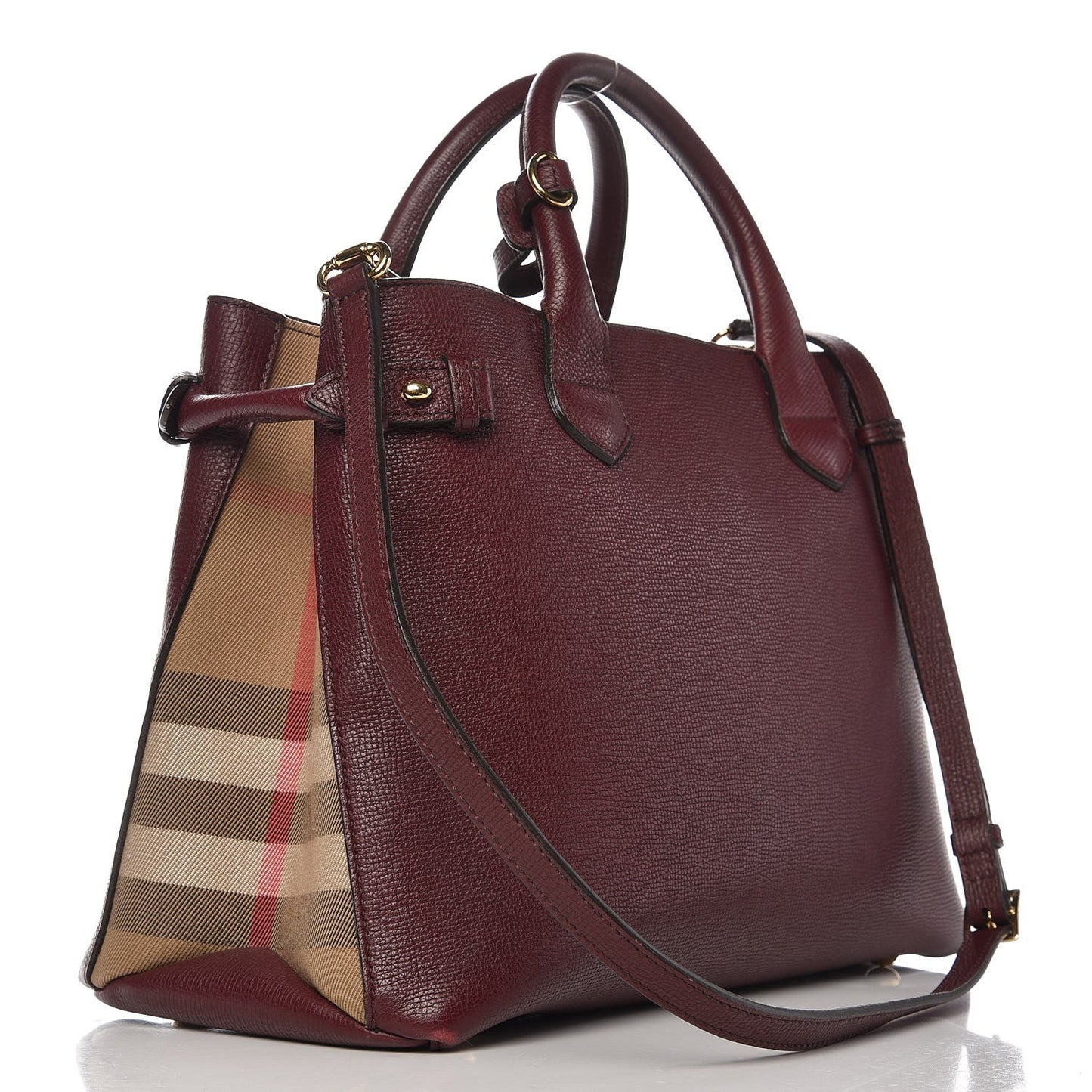 Grainy Calfskin House Check Medium Banner Tote Mahogany Red