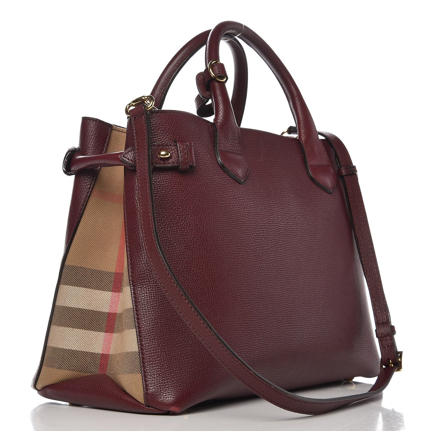 Burberry Grainy Calfskin House Check Medium Banner Tote Mahogany Red 3 of 12