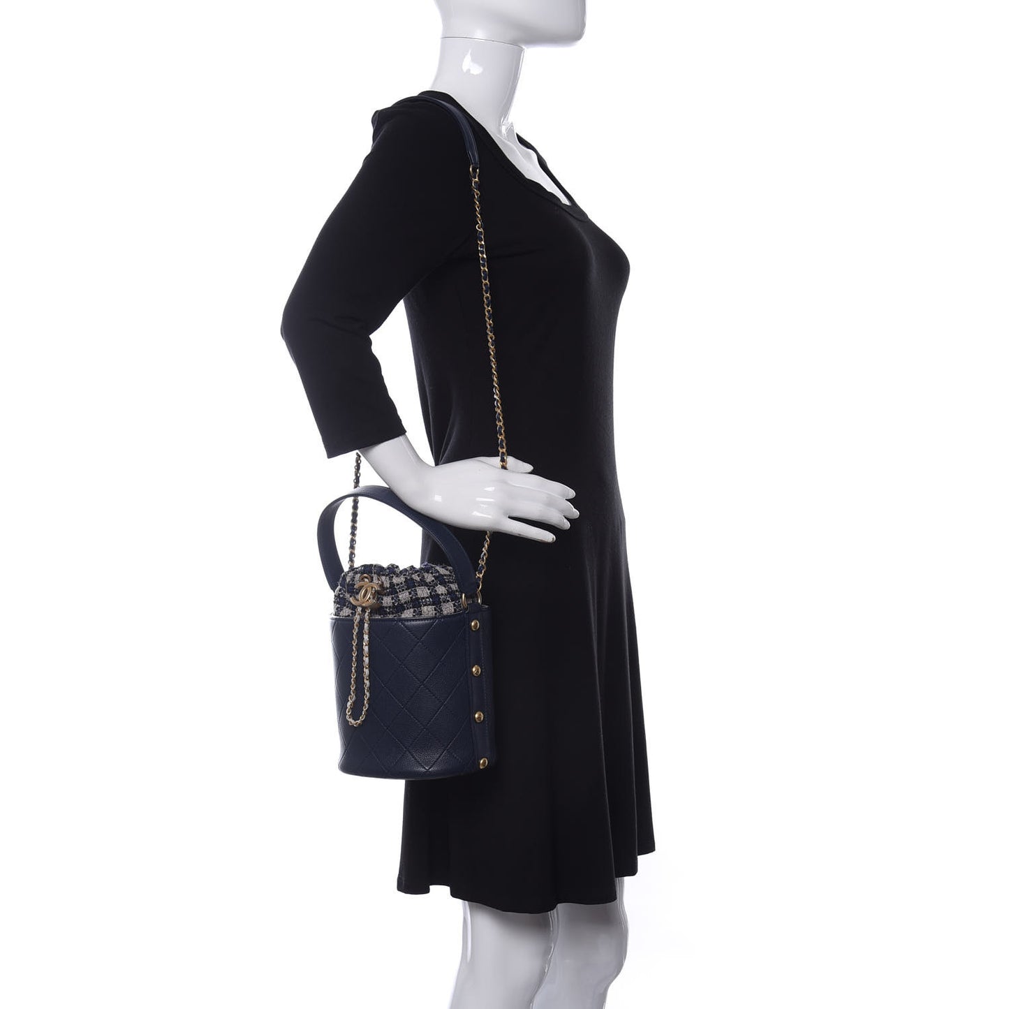 Calfskin Tweed Medium CC Chain Bucket Drawstring Bag Navy Blue Multicolor