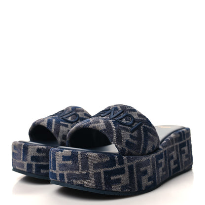 Fendi Chenille Womens FF Sunshine Flatform Slide Sandals 36.5 Blue 3 of 9