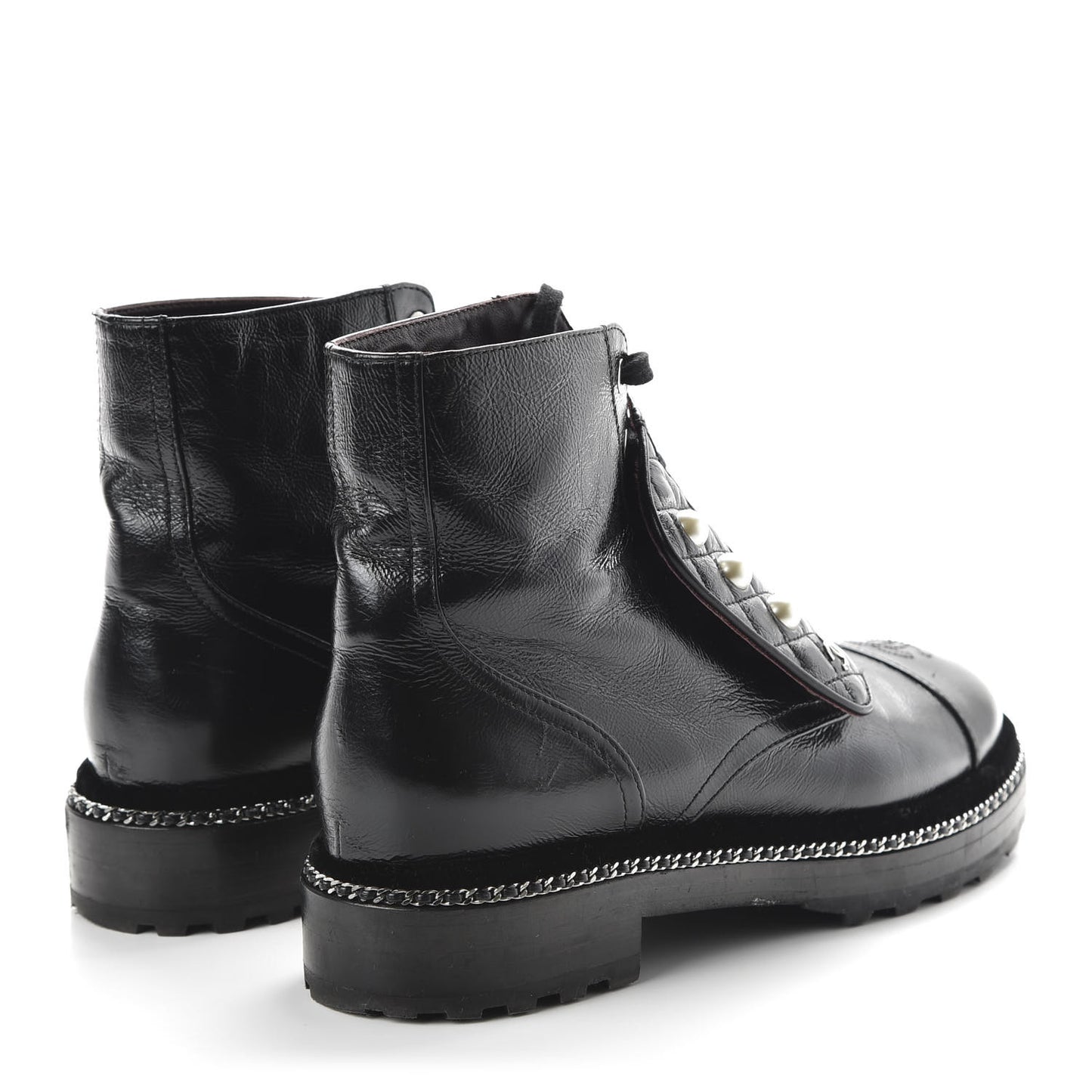 Crackled Calfskin Velvet Pearl Combat Short Boots 39.5 Black
