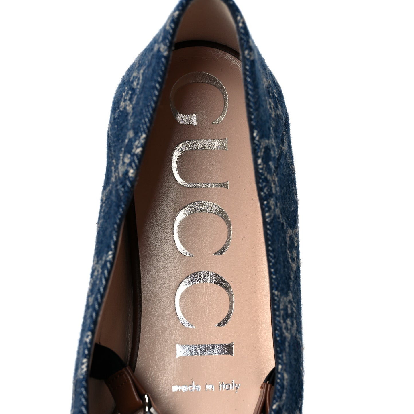 New Denim GG Monogram Deva Horsebit Chain Embellished Flats 38 Blue Tea