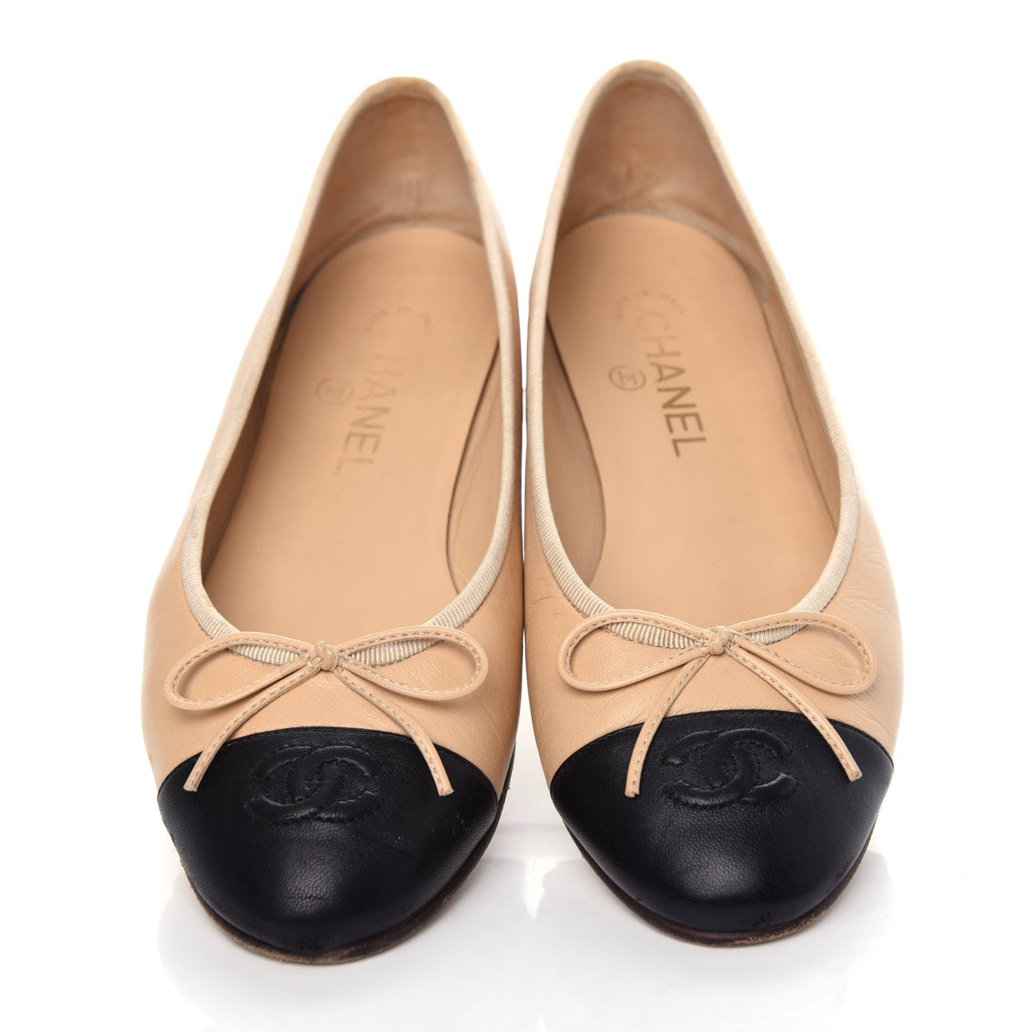 Chanel Lambskin Cap Toe CC Ballerina Flats 38.5 Beige Black 5 of 10
