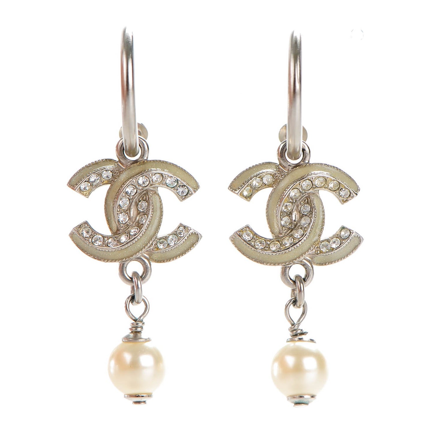 Enamel Crystal Pearl CC Earrings Silver