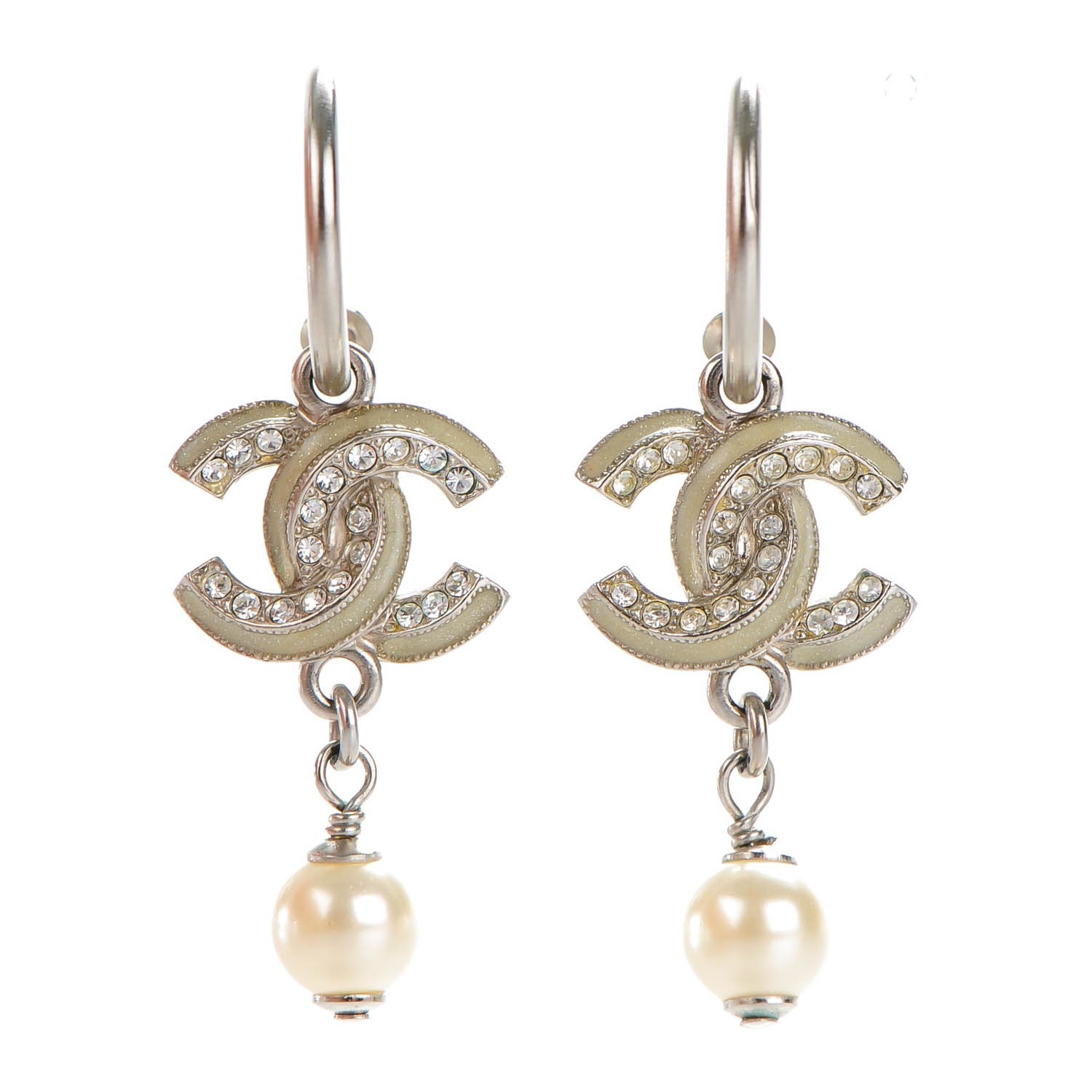 Chanel Enamel Crystal Pearl CC Earrings Silver 1 of 5