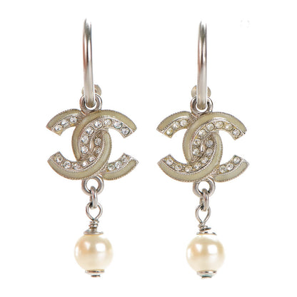 Chanel Enamel Crystal Pearl CC Earrings Silver 1 of 5