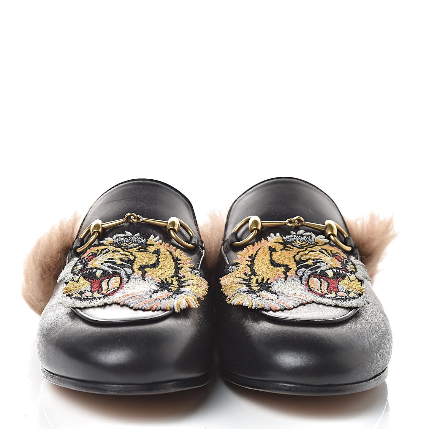 Calfskin Lambswool Tiger Embroidered Womens Princetown Slippers 38.5 Black