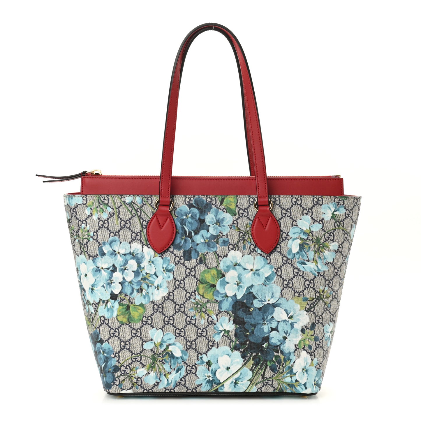 GG Supreme Monogram Blooms Medium Zippered Bucket Tote Beige Blue Navy Hibiscus Red