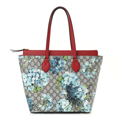 Gucci GG Supreme Monogram Blooms Medium Zippered Bucket Tote Beige Blue Navy Hibiscus Red 1 of 12