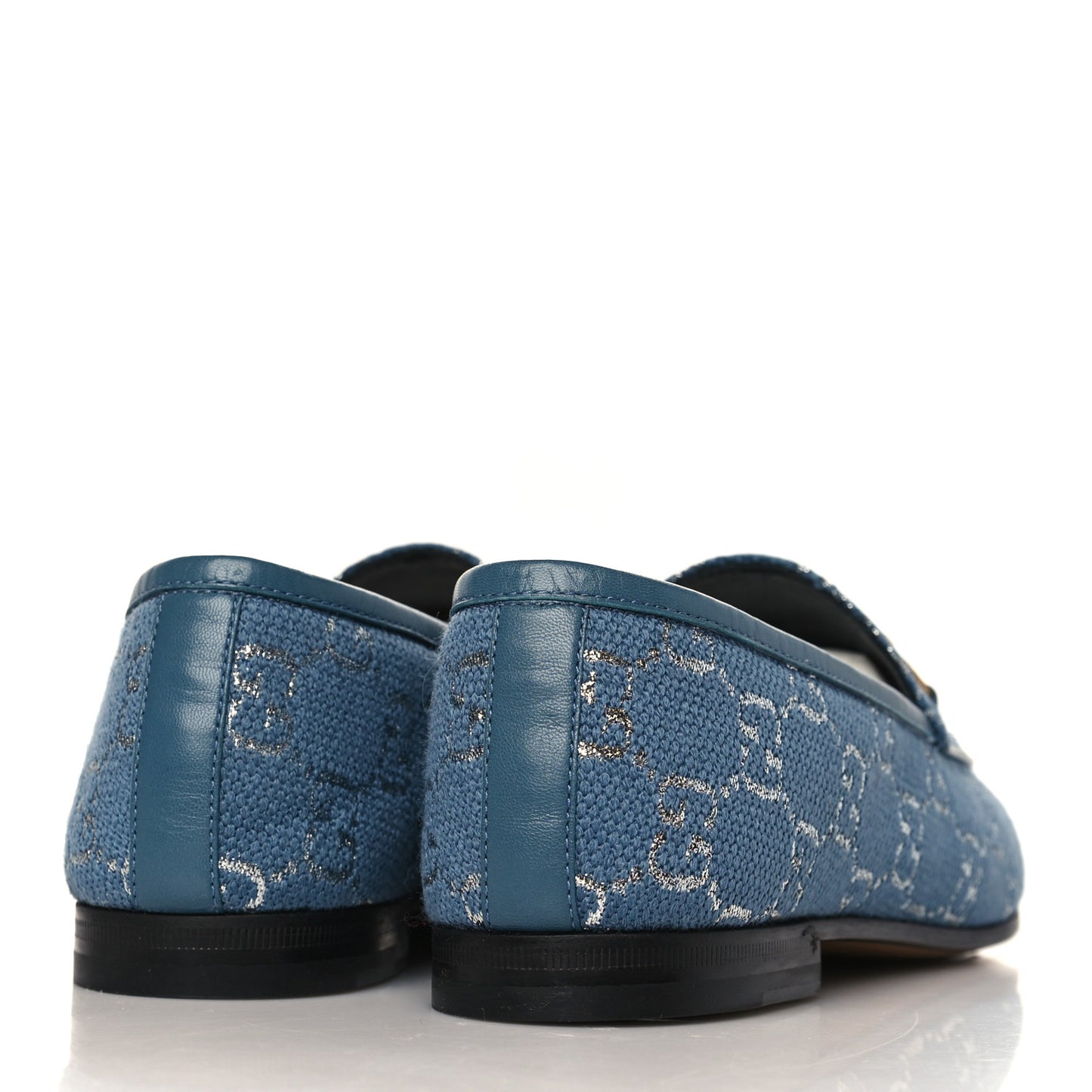 Canvas Lame GG Monogram Horsebit Womens Jordaan Loafers 38 Blue Silver Cornflower Blue