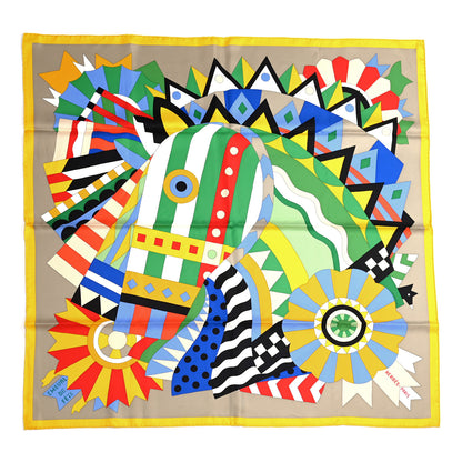 Hermes Silk Cheval De Fete Scarf 90 Gris Jaune Vif Vert 1 of 5