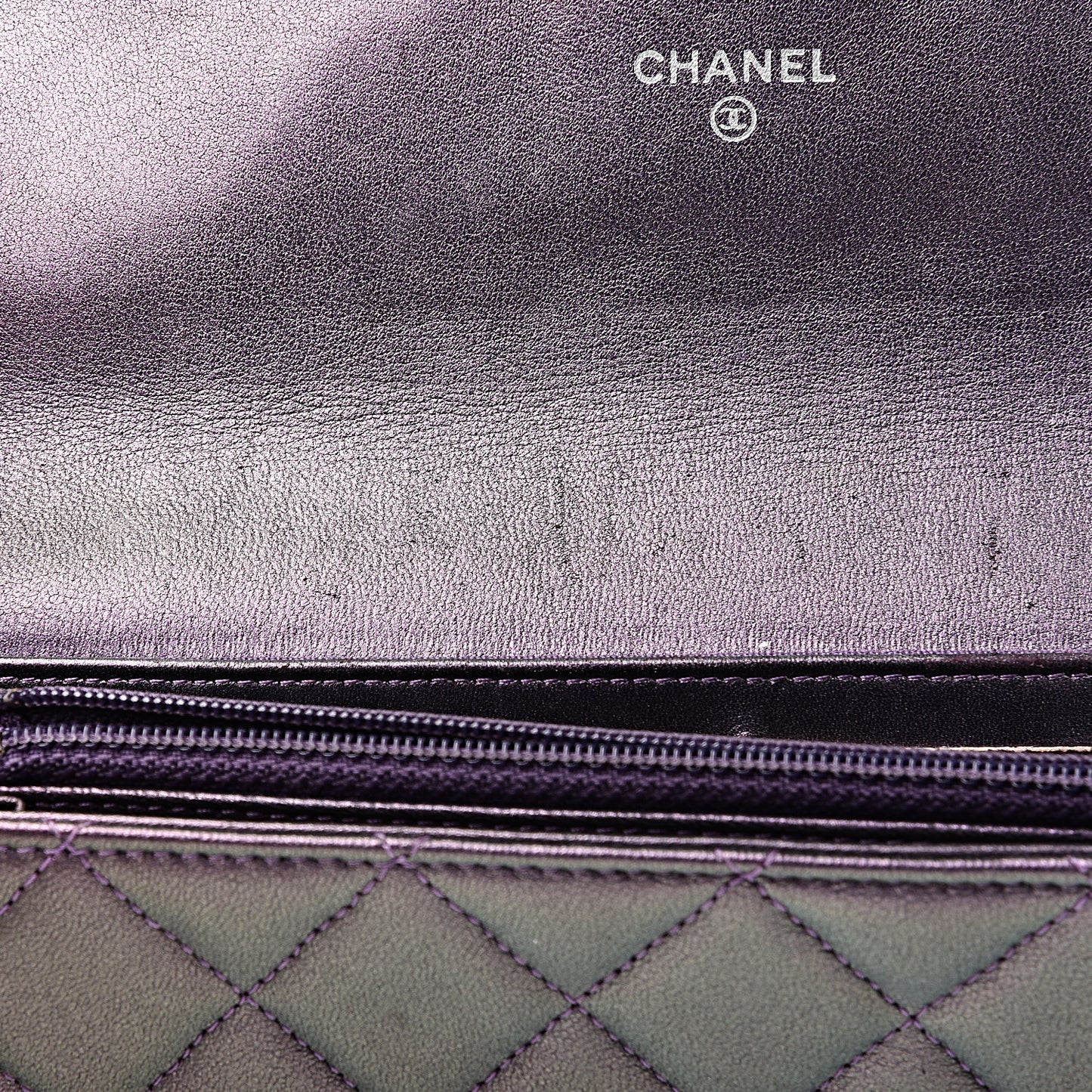 Iridescent Lambskin Quilted Large Gusset Flap Wallet Purple