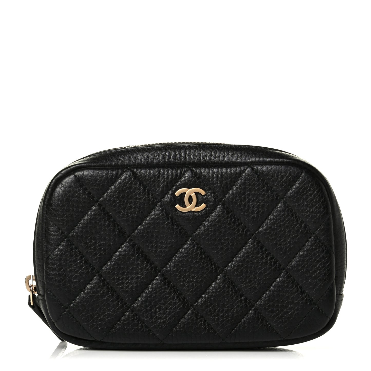 Grained Calfskin Quilted Small Curvy Pouch Cosmetic Case Black
