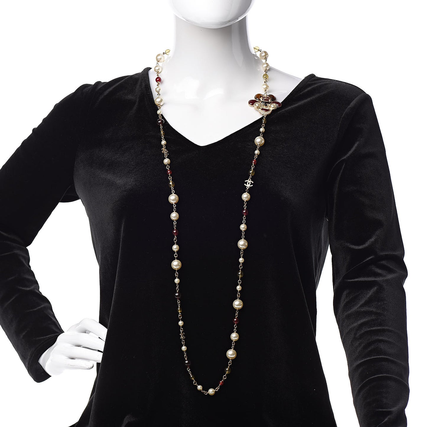 Pearl Beaded Enamel CC Bee Long Necklace Gold Burgundy
