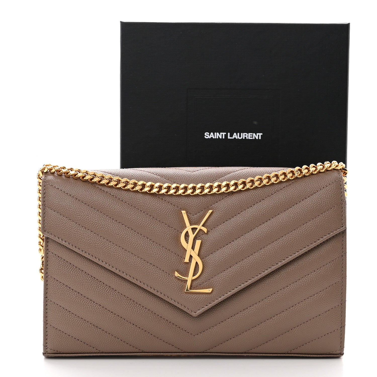 Saint Laurent Grain De Poudre Matelasse Chevron Monogram Chain Wallet Taupe 14 of 14