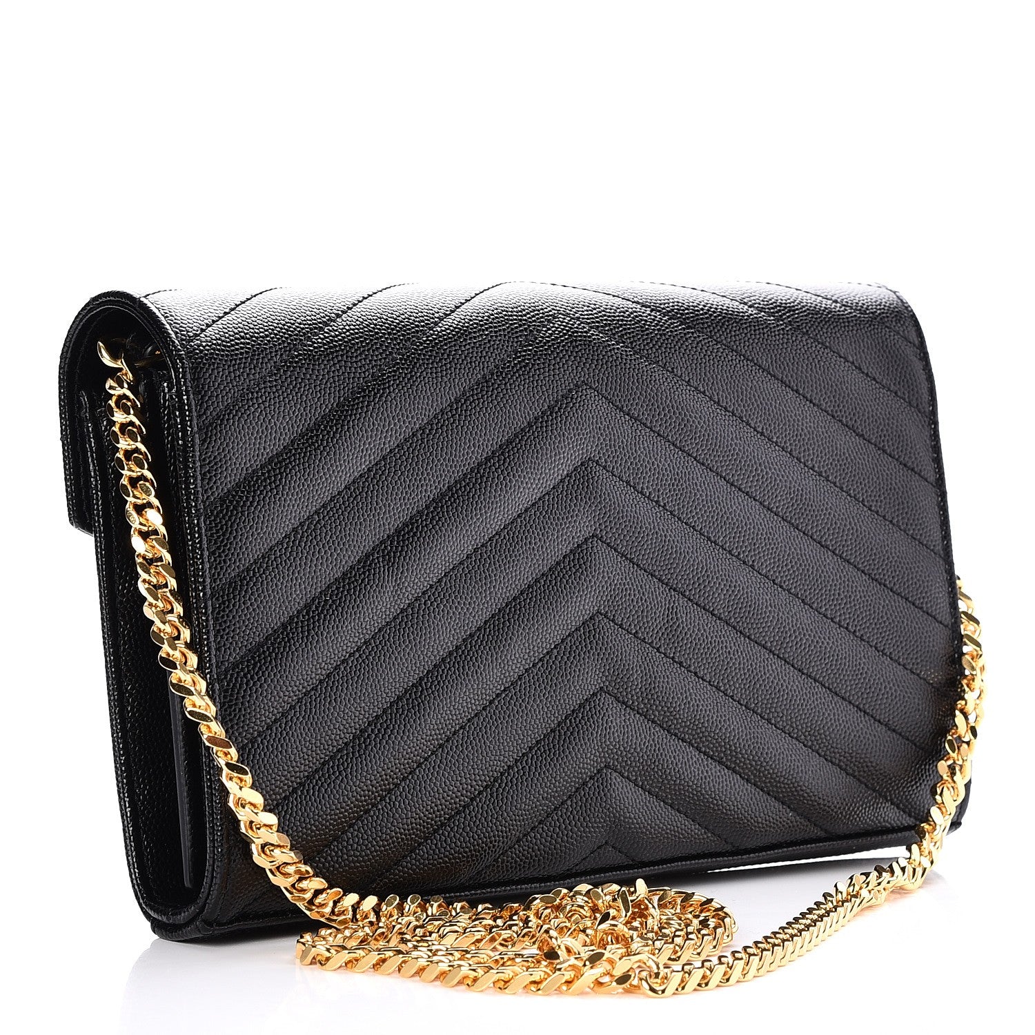 Saint Laurent Grain De Poudre Matelasse Chevron Monogram Chain Wallet Black 3 of 7