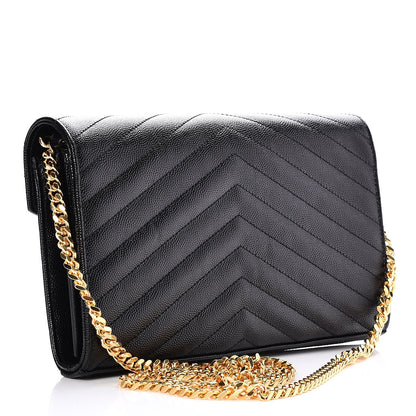 Saint Laurent Grain De Poudre Matelasse Chevron Monogram Chain Wallet Black 3 of 7