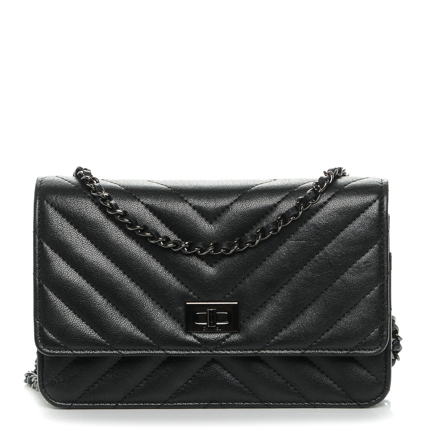 Chanel Sheepskin Chevron Reissue Wallet On Chain WOC So Black 1 of 8