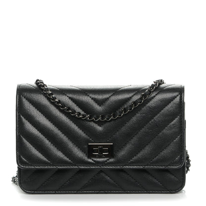 Chanel Sheepskin Chevron Reissue Wallet On Chain WOC So Black 1 of 8