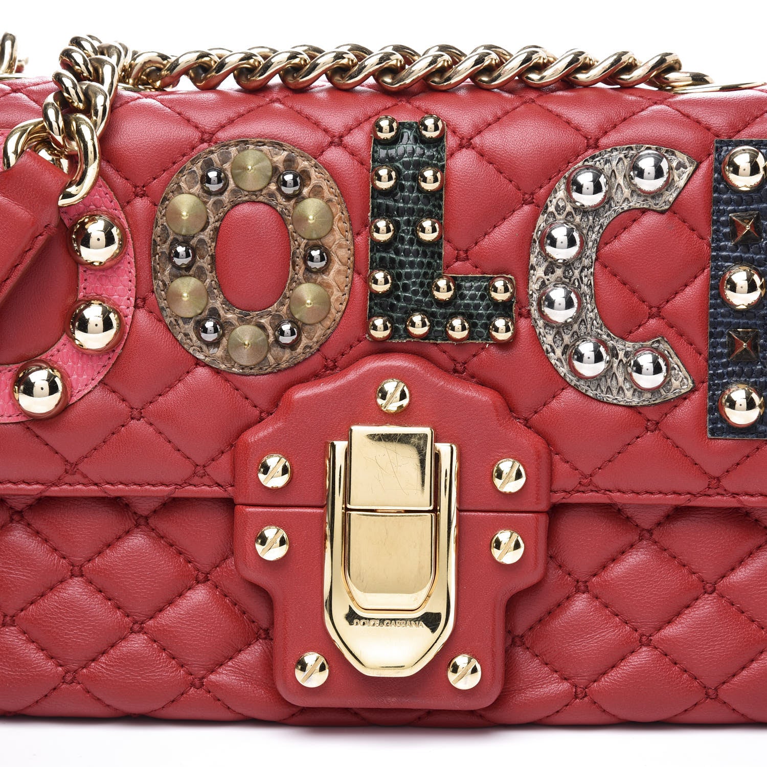 Dolce & Gabbana Lambskin Watersnake Embellished Lucia Shoulder Bag Red 9 of 9