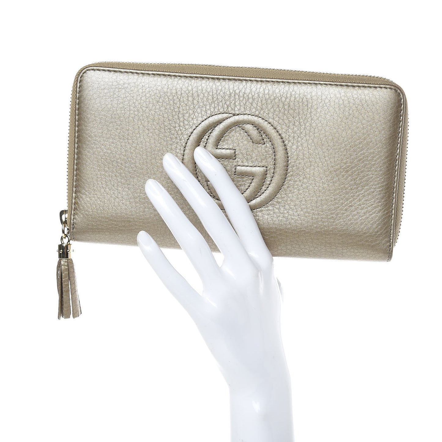 Metallic Pebbled Calfskin Soho Zip Around Wallet Golden Beige