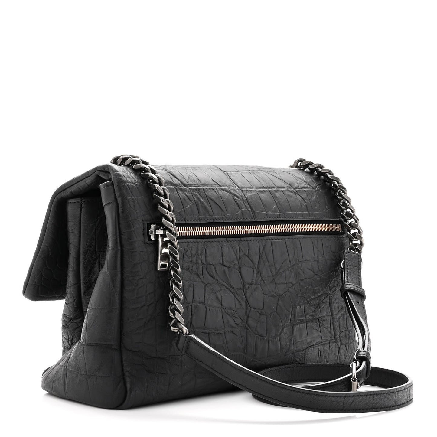Calfskin Crocodile Embossed Medium West Hollywood Monogram Fold-Over Black