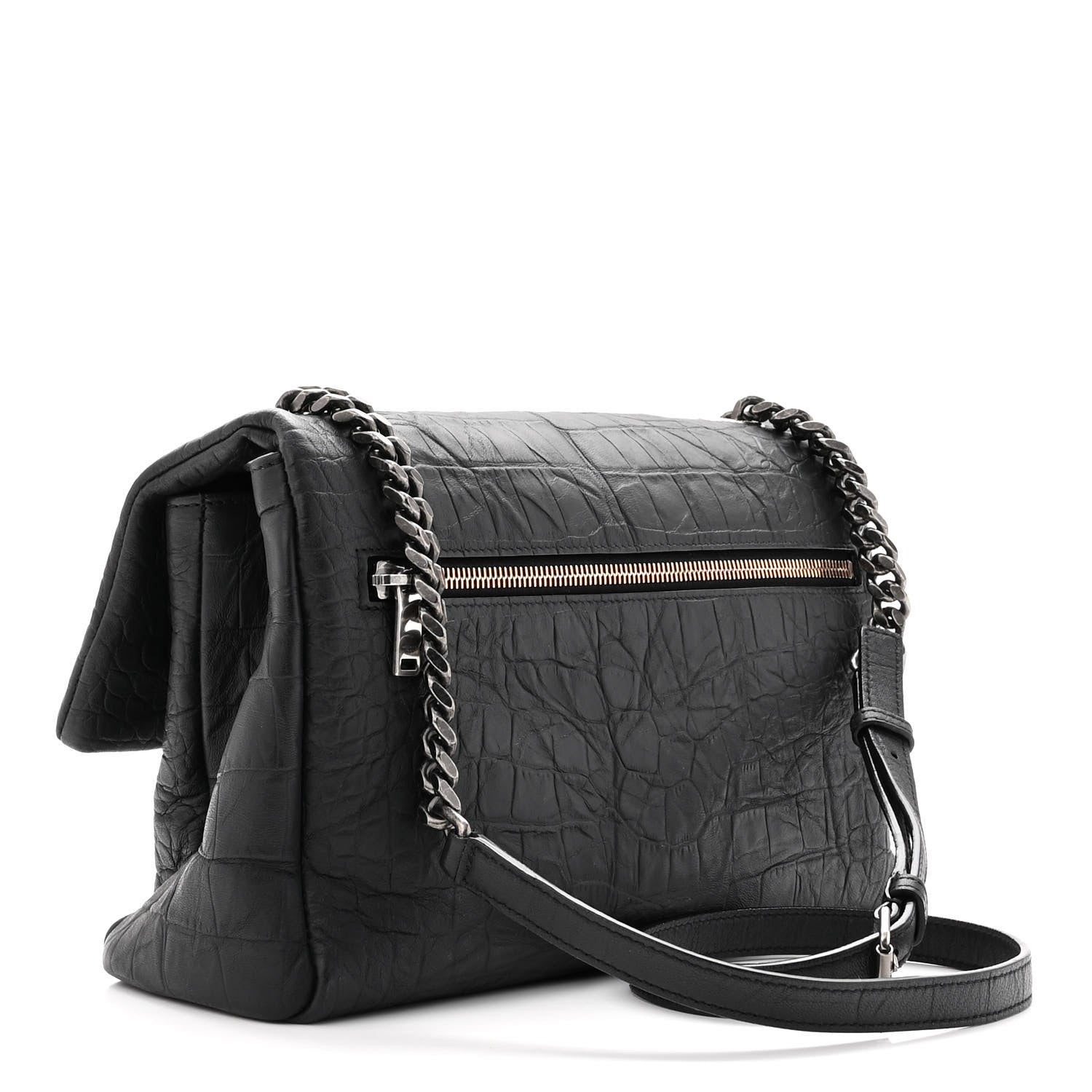 Saint Laurent Calfskin Crocodile Embossed Medium West Hollywood Monogram Fold-Over Black 3 of 10