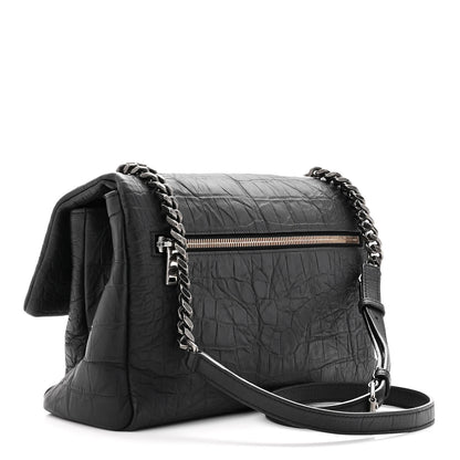 Saint Laurent Calfskin Crocodile Embossed Medium West Hollywood Monogram Fold-Over Black 3 of 10
