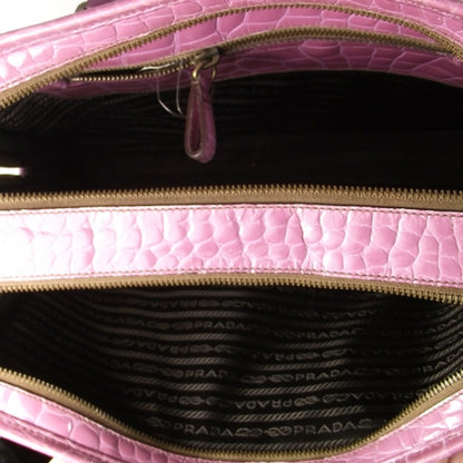 Prada Calfskin Crocodile Embossed Structured Tote Bag Pink 11 of 14