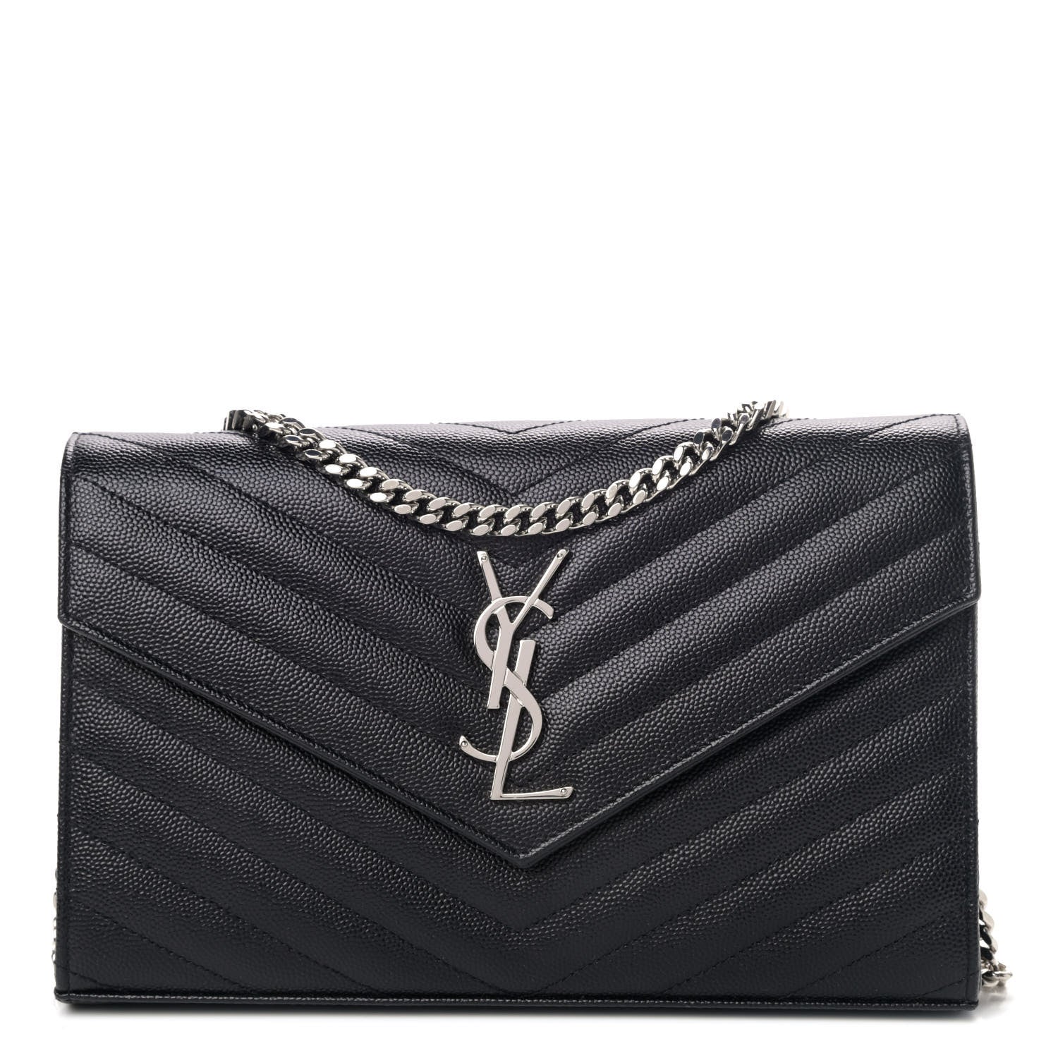 Saint Laurent Grain De Poudre Matelasse Chevron Monogram Chain Wallet Black 1 of 4
