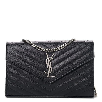 Saint Laurent Grain De Poudre Matelasse Chevron Monogram Chain Wallet Black 1 of 4