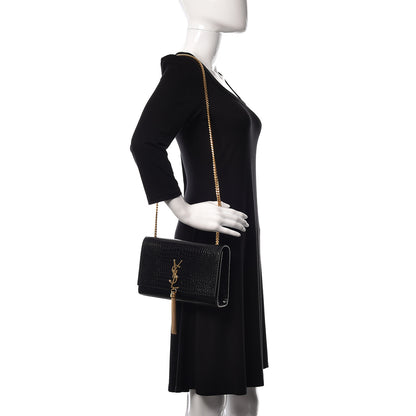 Saint Laurent Calfskin Crocodile Embossed Medium Classic Monogram Kate Tassel Satchel Black 2 of 11