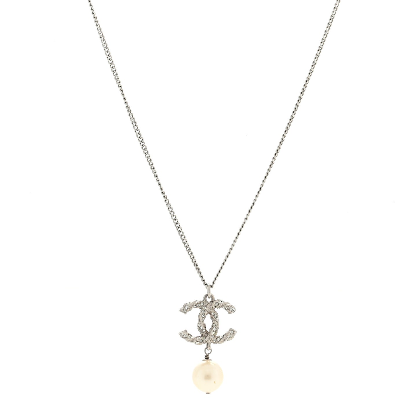 Crystal Pearl Twisted CC Drop Necklace Silver