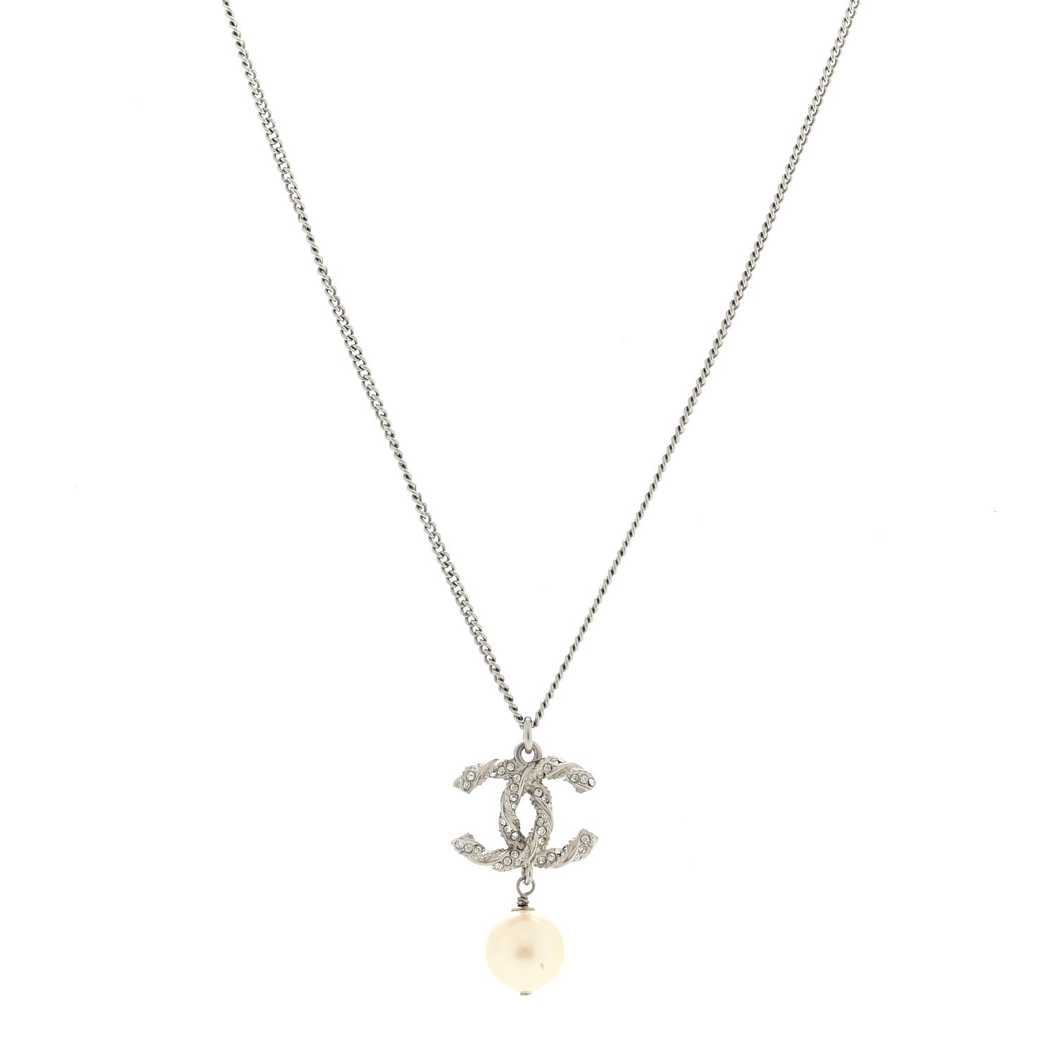 Chanel Crystal Pearl Twisted CC Drop Necklace Silver 1 of 4