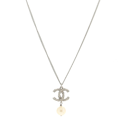 Chanel Crystal Pearl Twisted CC Drop Necklace Silver 1 of 4