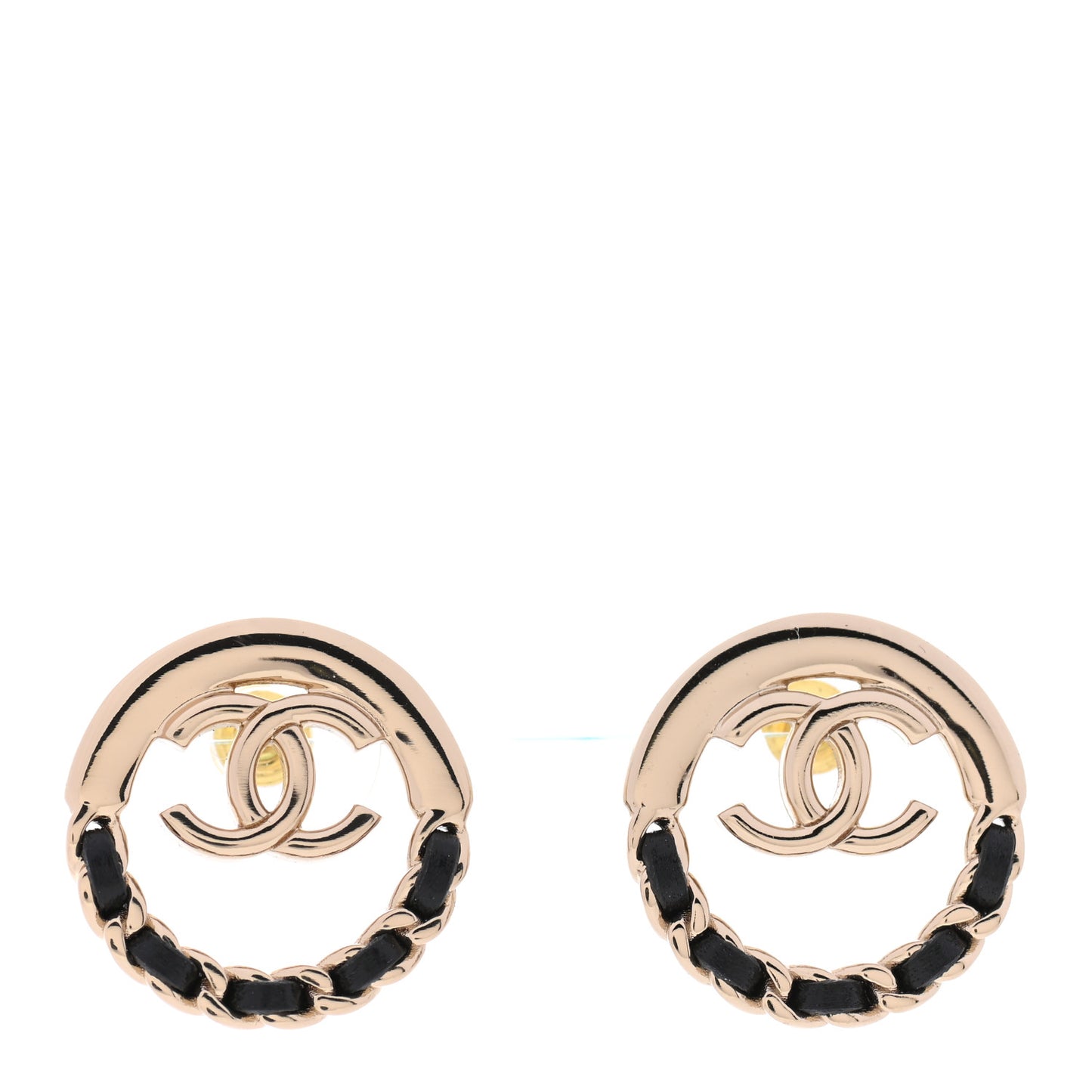 Lambskin Chain CC Round Earrings Gold Black