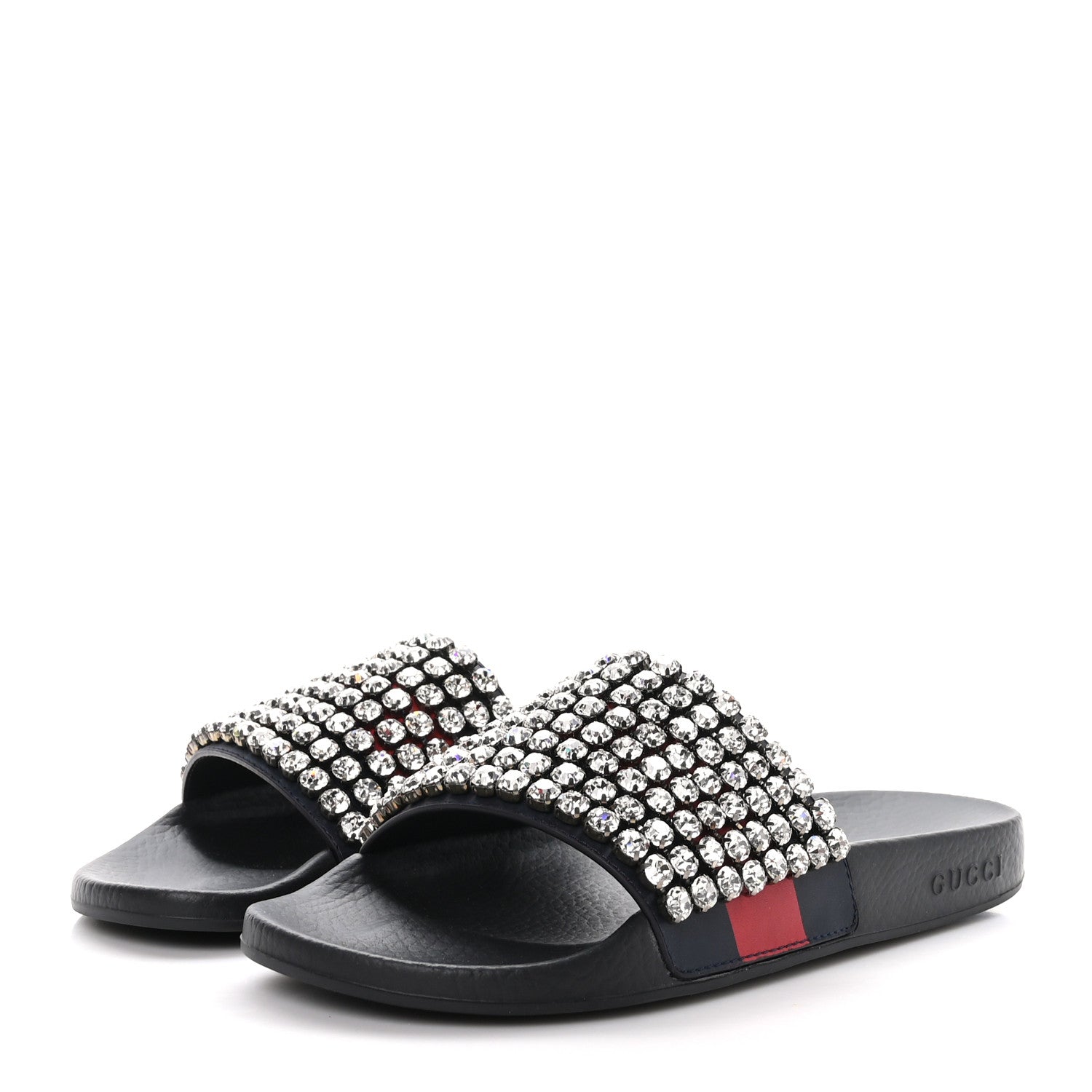 Gucci Calfskin Crystal Embellished Web Slide Sandals 40 Blue Red 3 of 8