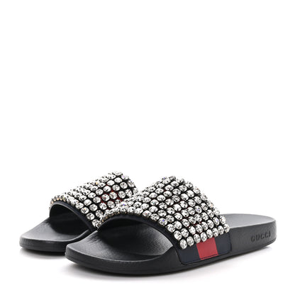Gucci Calfskin Crystal Embellished Web Slide Sandals 40 Blue Red 3 of 8