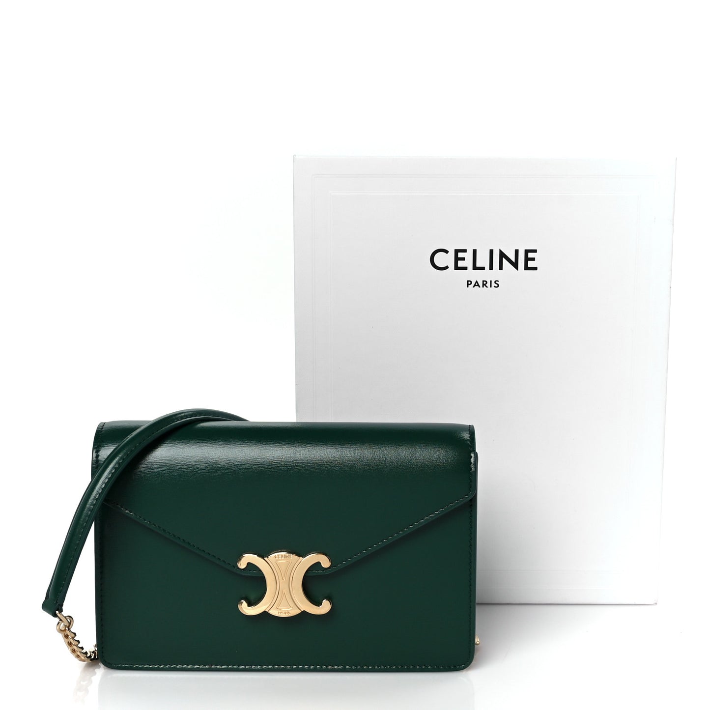 Shiny Calfskin Triomphe Margo Wallet on Chain Racing Green