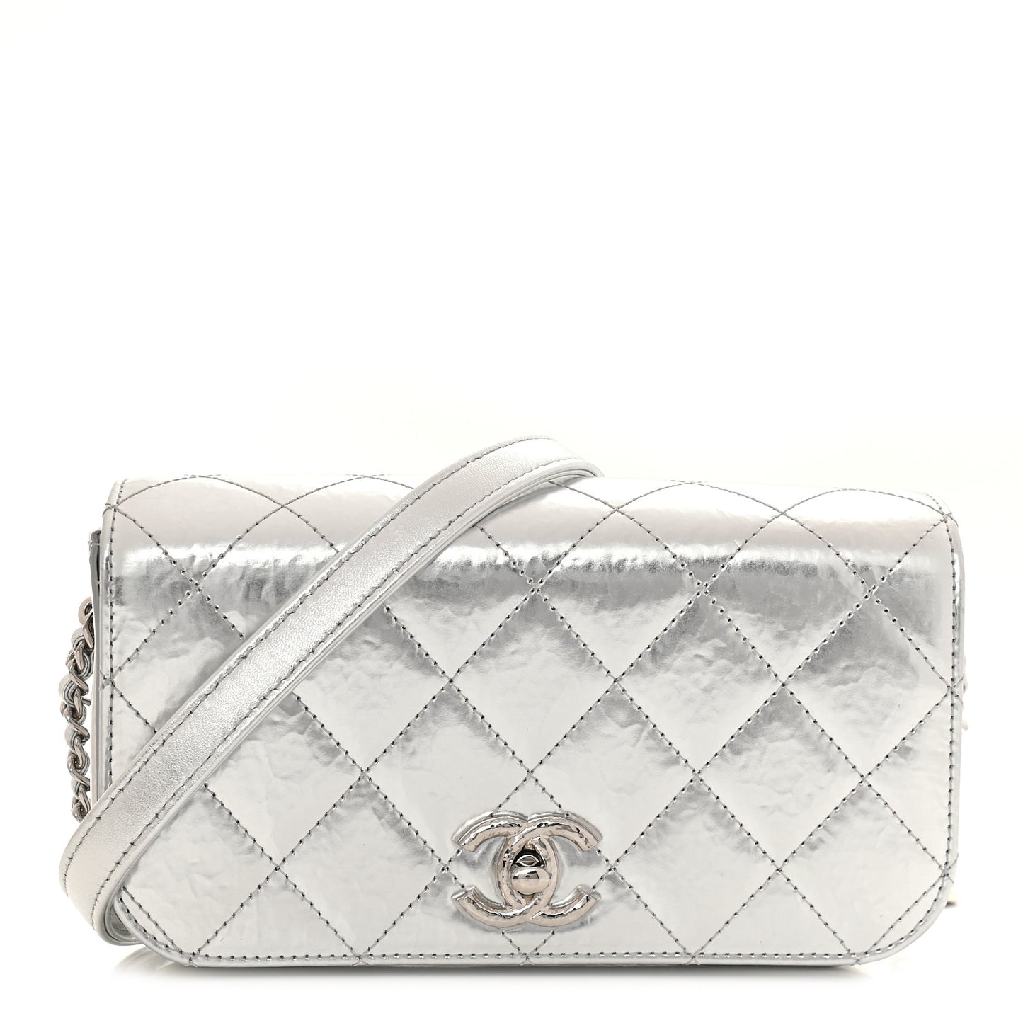 Hammered Metallic Calfskin Quilted Flap Silver