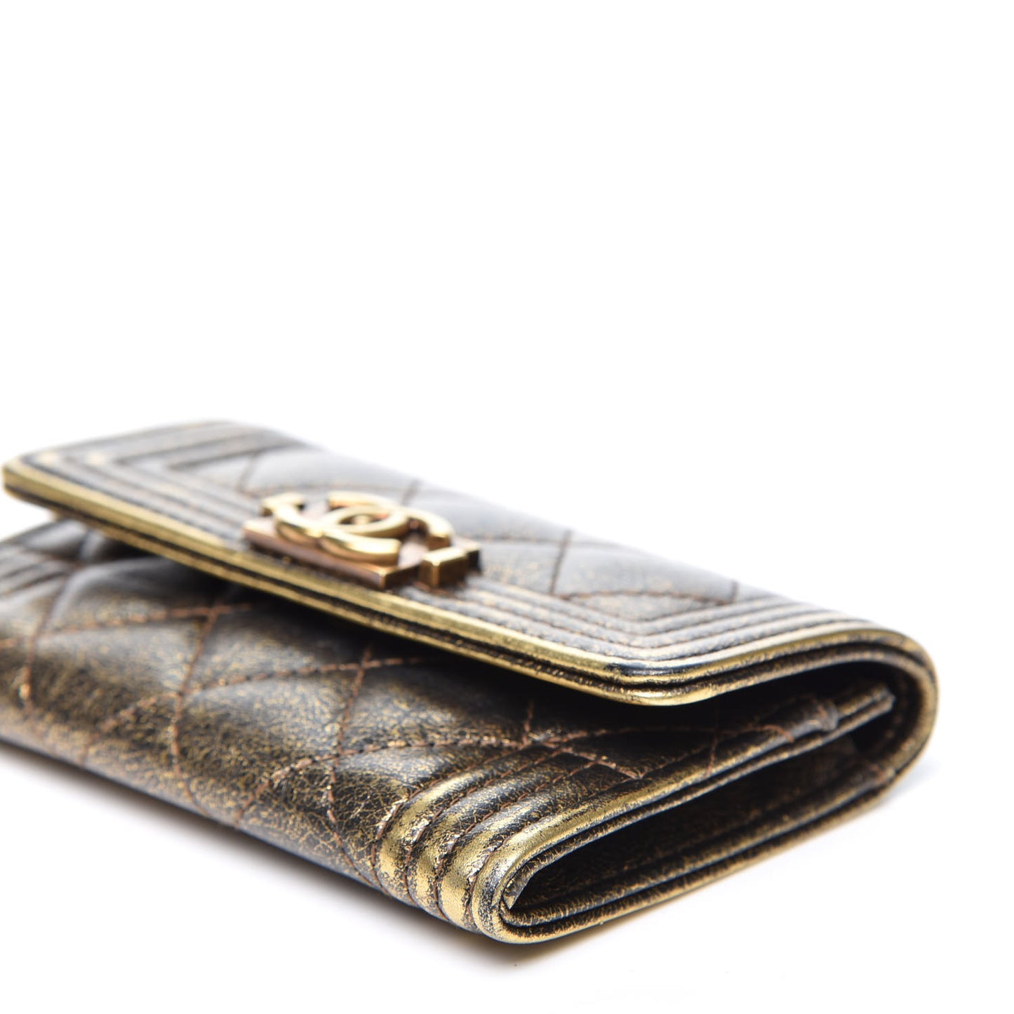 Cracked Metallic Calfskin Quilted Boy Flap Card Holder Wallet Gold
