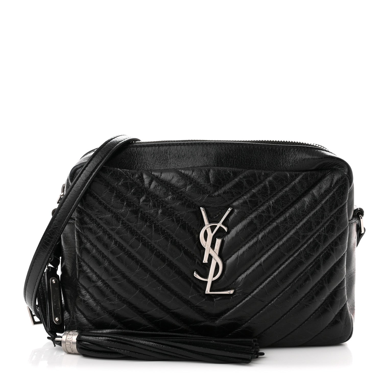 Saint Laurent Cracked Shiny Calfskin Matelasse Monogram Lou Camera Bag Black 1 of 12
