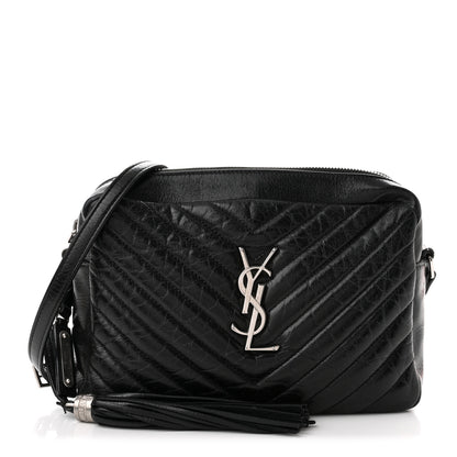 Saint Laurent Cracked Shiny Calfskin Matelasse Monogram Lou Camera Bag Black 1 of 12