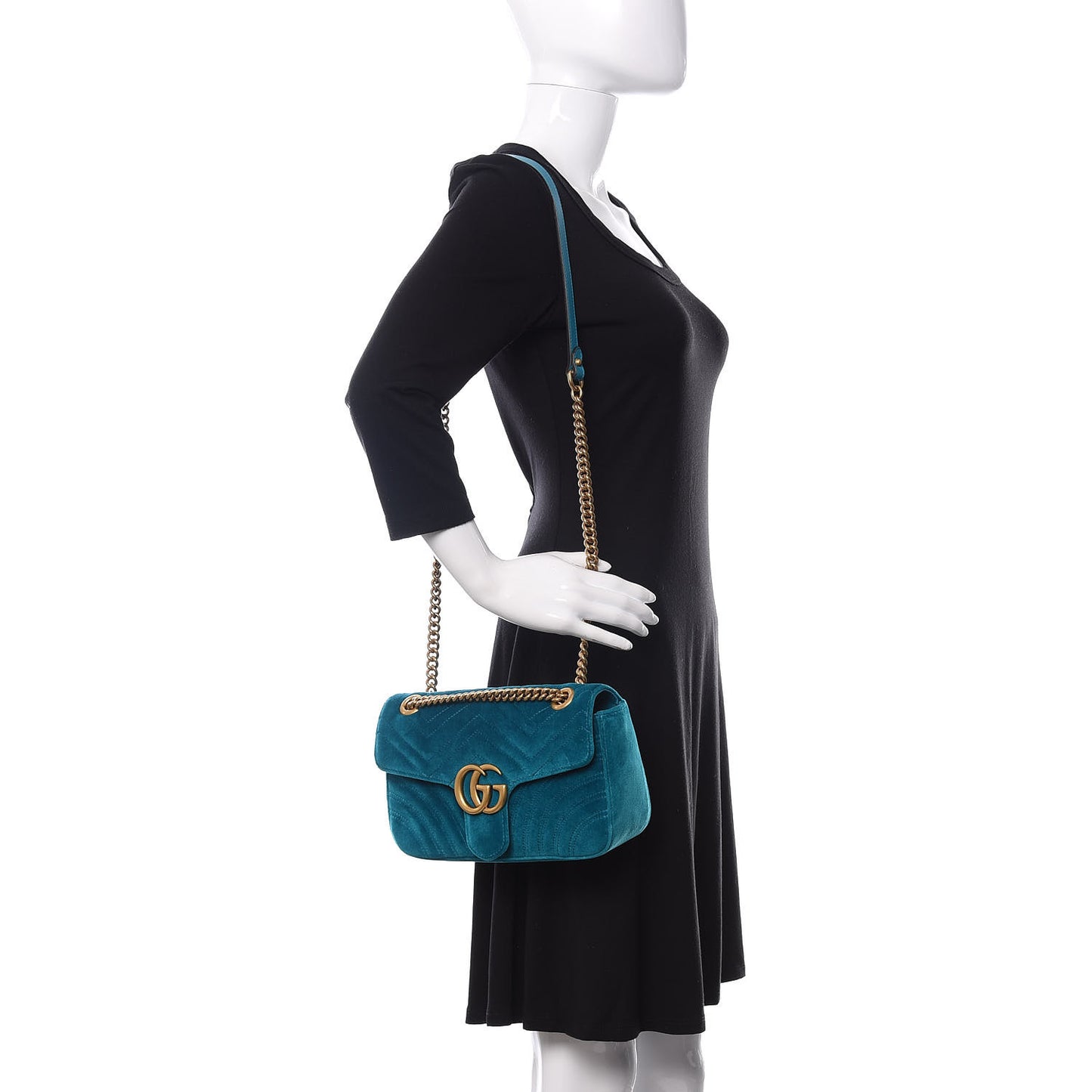 Velvet Matelasse Small GG Marmont Shoulder Bag Pavone Cyan