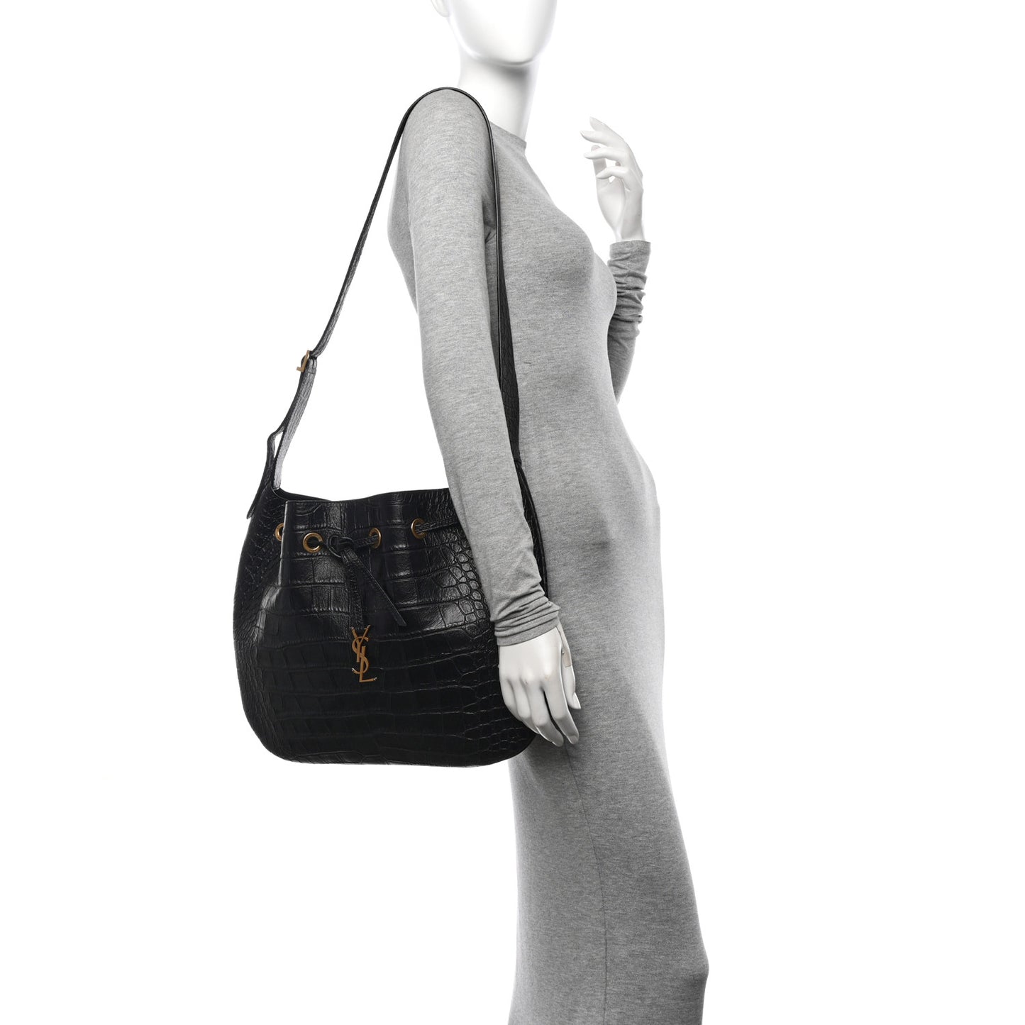 Calfskin Crocodile Embossed Paris VII Large Flat Hobo Black