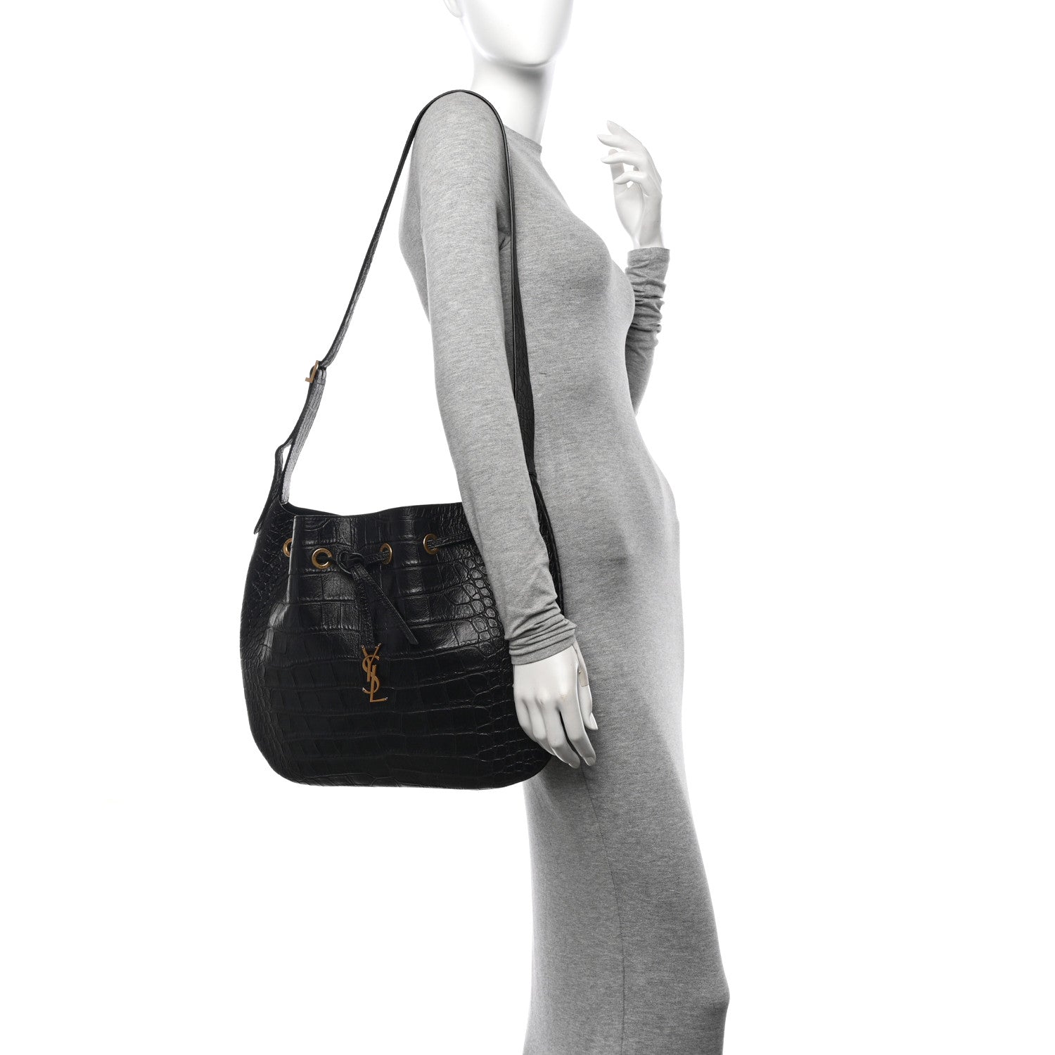 Saint Laurent Calfskin Crocodile Embossed Paris VII Large Flat Hobo Black 2 of 11